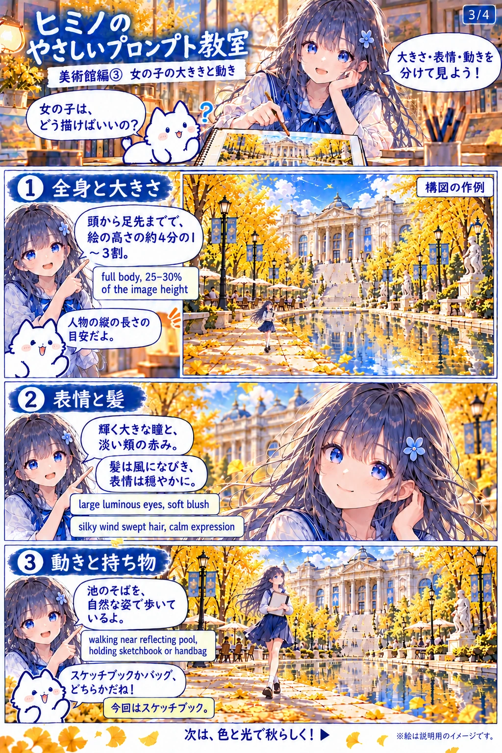全身とは頭から足先まで。人物の縦の長さを絵の高さの約25〜30％にする意図を説明します。穏やかな表情、風になびく髪、池のそばを歩く自然な姿を指定し、持ち物はスケッチブックを選びます。