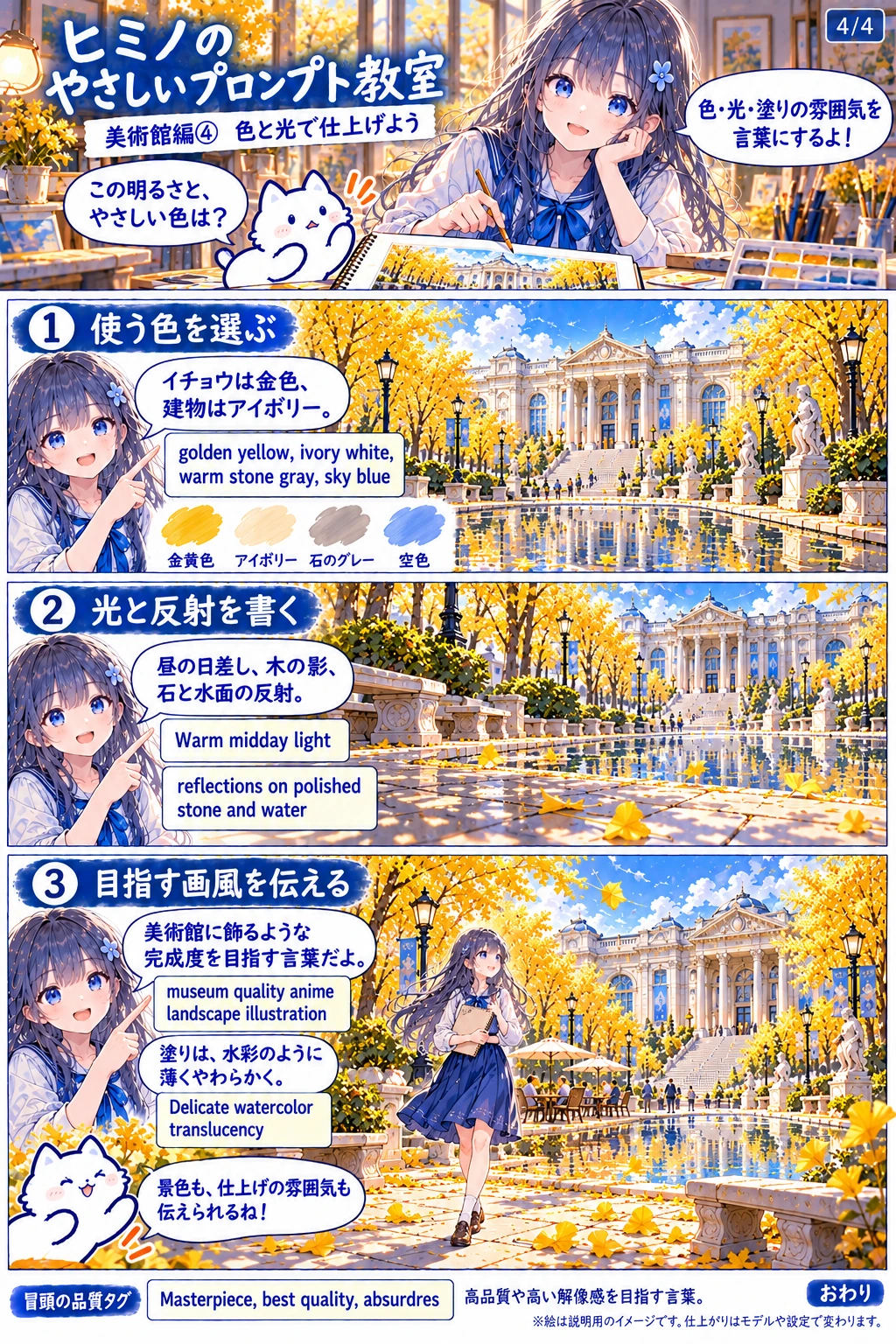 金黄色、アイボリー、暖かみのある石のグレー、空色を組み合わせます。昼の日差し、木の影、石と水面の反射を伝え、水彩のような薄くやわらかい塗りを目指します。