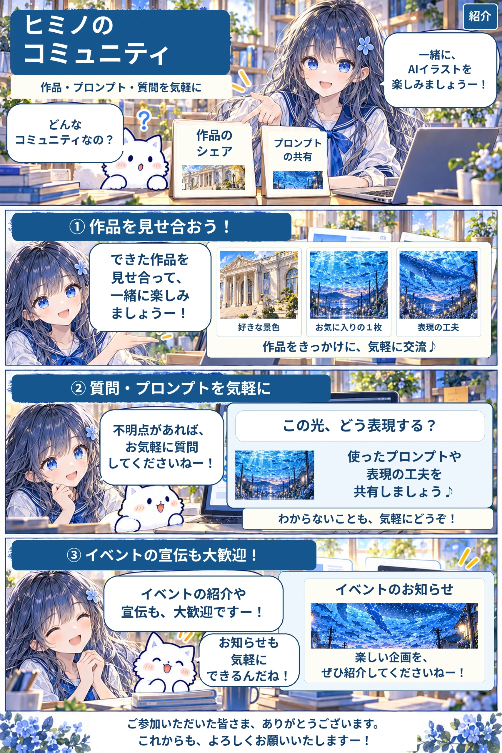 できた作品を見せ合い、一緒に楽しむコミュニティです。わからないことは気軽に質問でき、使ったプロンプトや表現の工夫も共有できます。イベントの紹介や宣伝も歓迎しています。