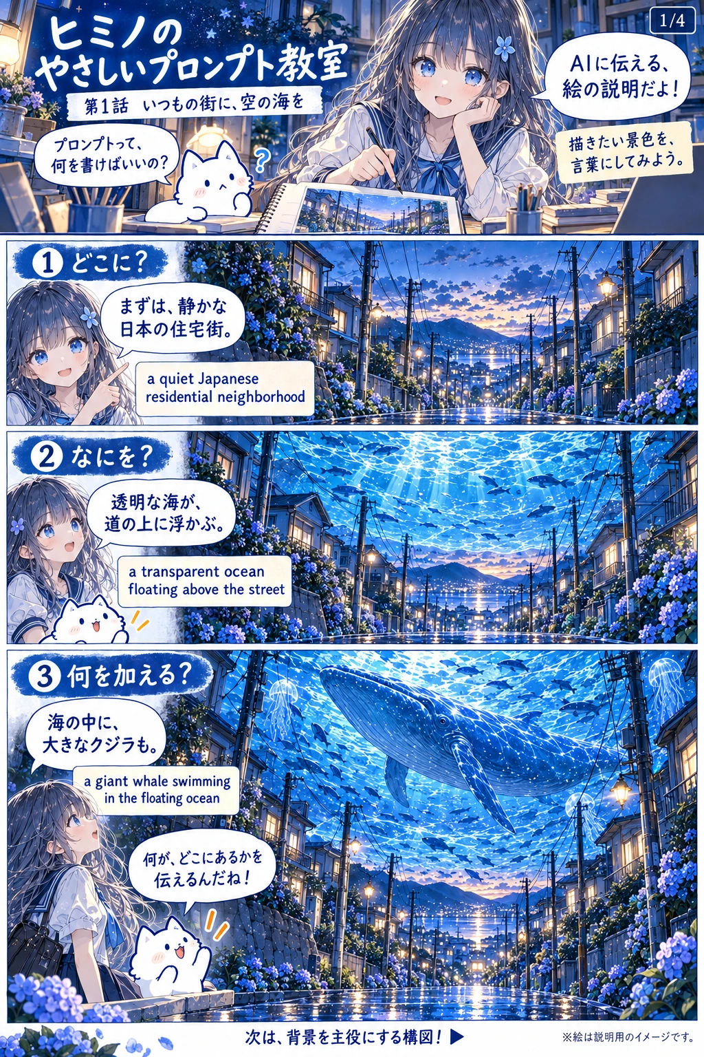 プロンプトは、AIに伝える絵の説明。静かな日本の住宅街、その上に浮かぶ透明な海、海の中を泳ぐ大きなクジラの順に、何がどこにあるかを言葉にします。