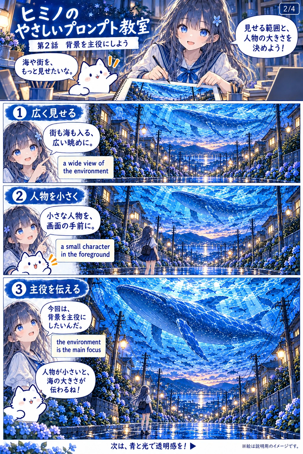広い範囲を見せる構図にし、人物を小さく配置します。この作品では背景を主役にしたいという意図を伝え、街や海の大きさを表現します。